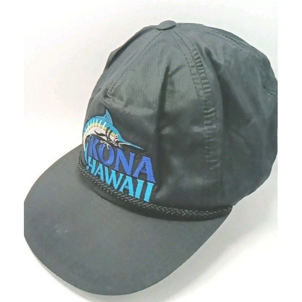 Kona Hawaii Yupoong Hawaiian Headwear Black Track Strap Rope Hat Vtg Cap OSFA